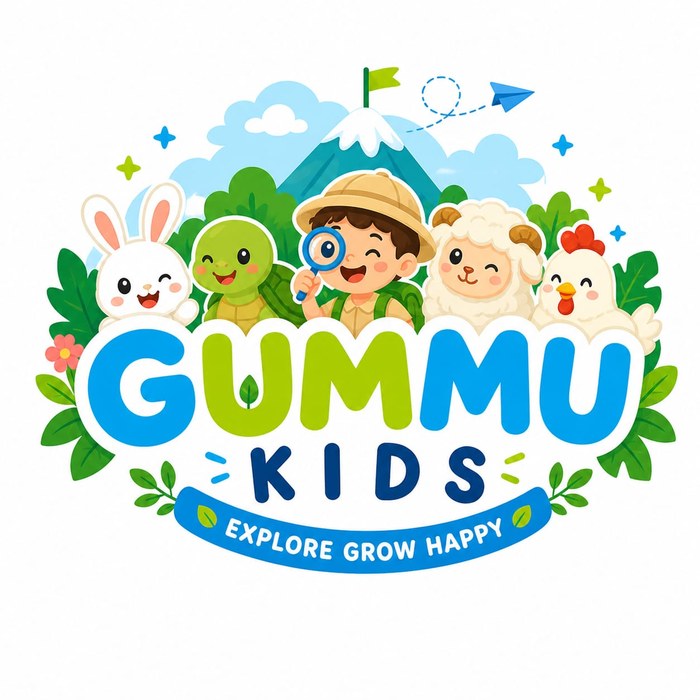 Ilustrasi maskot Gummu Kids: anak penjelajah bersama kelinci, kura-kura, domba, dan ayam di depan gunung